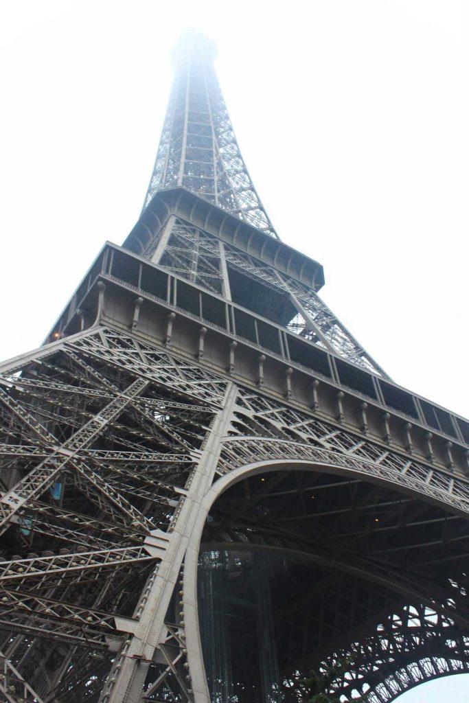 eiffel tower from bottom mist