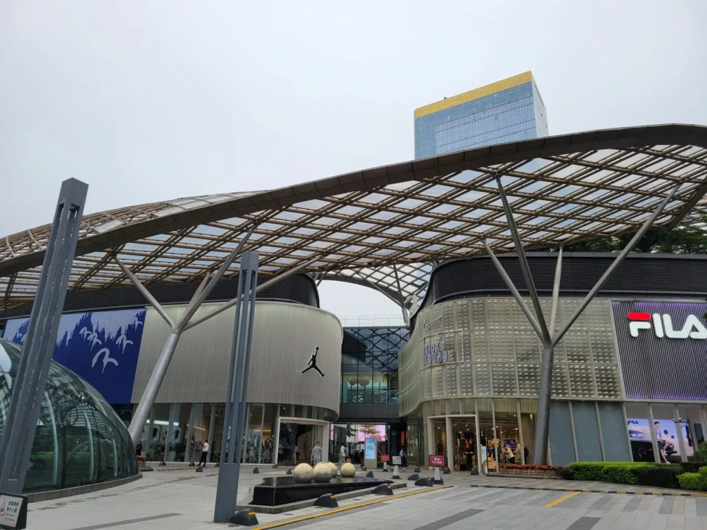 Exterior of Parc Central (天环广场), a modern open-air shopping mall in Tianhe District, Guangzhou, China.