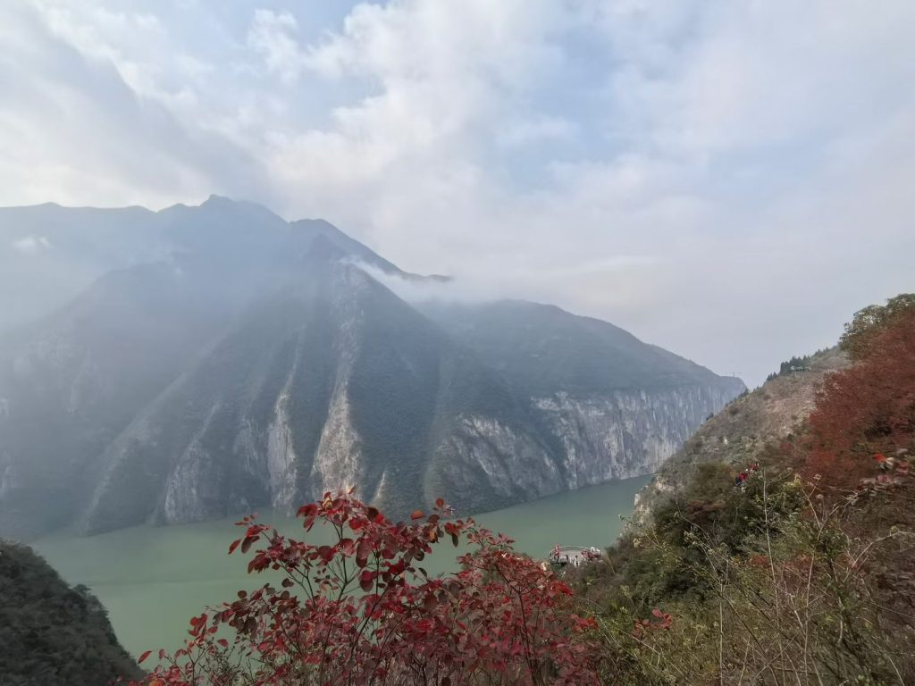 Hiking the Three Gorges Summit in Wushan: Stunning Views & Autumn Colors 5 Panoramic view of Wu Gorge from the Three Gorges Summit with misty mountains and red autumn leaves above the Yangtze River.