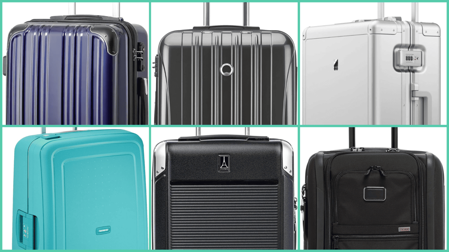 Collage of the best anti-theft suitcases for airport security, featuring models from Samsonite, DELSEY, LEVEL8, Travelpro, Coolife, and TUMI.