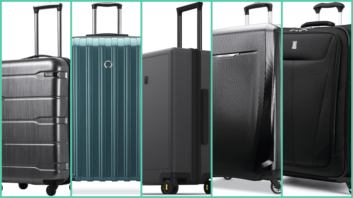 Collage of the best large suitcases for family travel, featuring models from Coolife, DELSEY, Level8, Samsonite, and Travelpro.