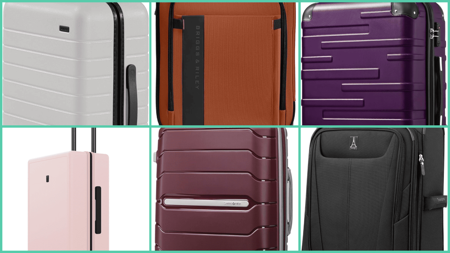 Collage of six lightweight carry-on suitcases for women, featuring models from Away, Briggs & Riley, Coolife, LEVEL8, Samsonite, and Travelpro in various colors and designs.