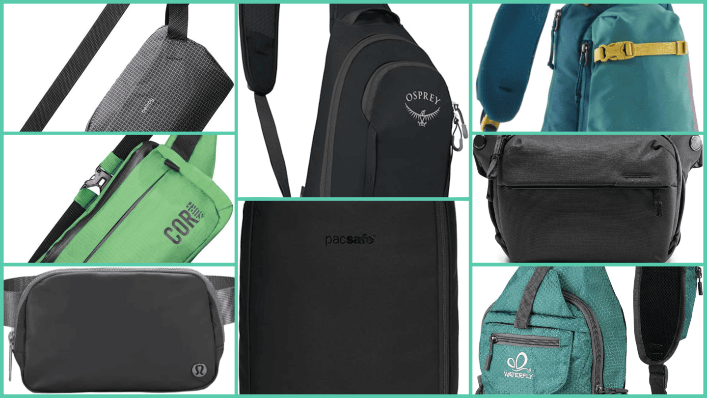 Collage of the best sling bags for sightseeing, featuring models from Osprey, Pacsafe, Peak Design, Bellroy, WATERFLY, COR Surf, Lululemon, and Patagonia.