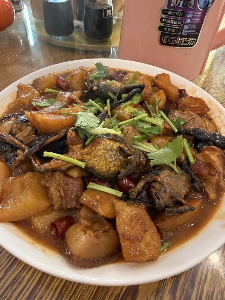 Local forest frog dish served in Hengdaohezi, cooked with potatoes and pork in a rich, savory sauce.