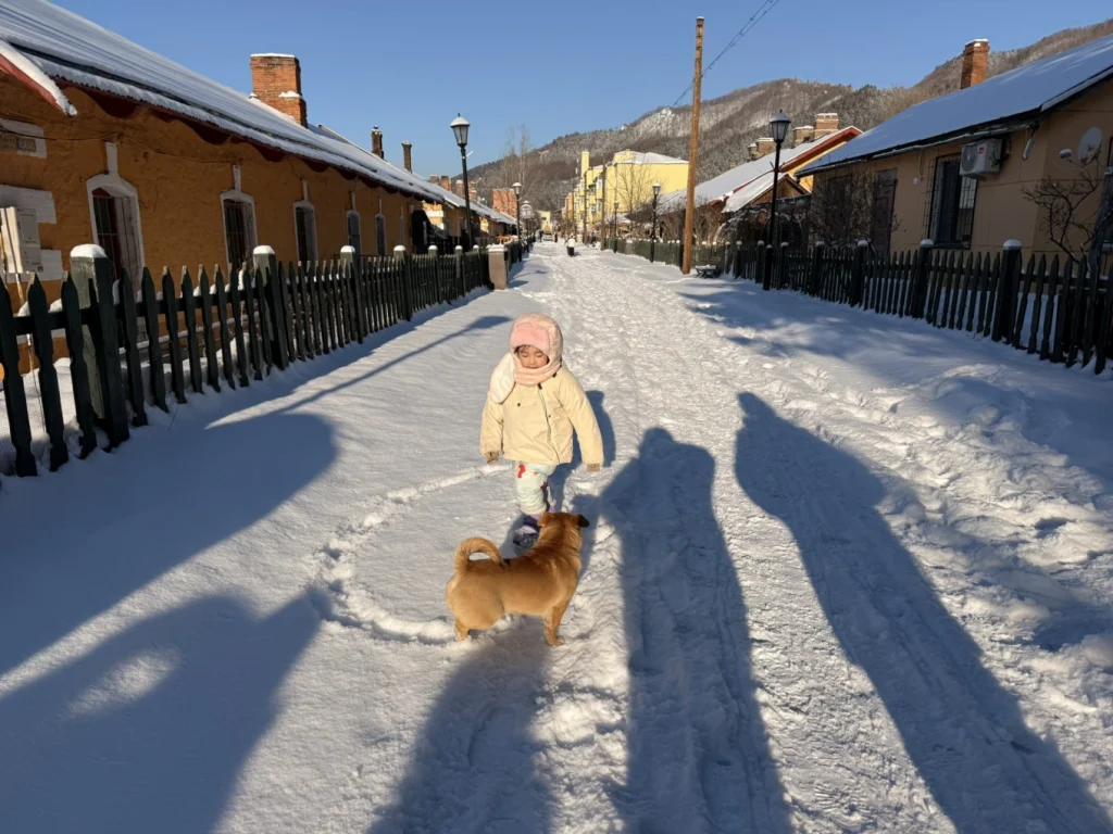 Child playing with a local dog on a snow-covered street in Hengdaohezi, surrounded by Russian-style houses in winter.