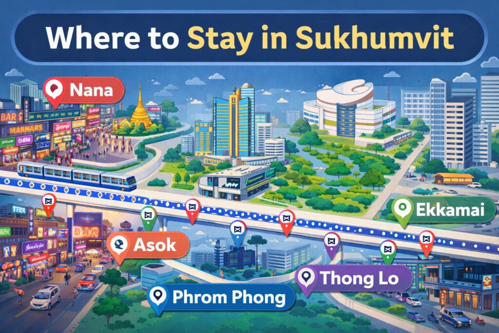Where to Stay in Sukhumvit Bangkok: Best Areas, Hotels & Travel Tips 5 Illustrated map of Sukhumvit in Bangkok highlighting key areas to stay including Nana, Asok, Phrom Phong, Thong Lo, and Ekkamai