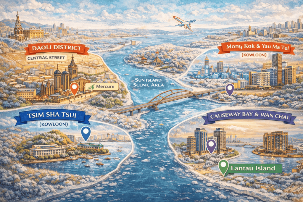 Illustrated map of Hong Kong showing the best areas to stay, including Central, Tsim Sha Tsui, Mong Kok, Causeway Bay, Wan Chai, and Lantau Island
