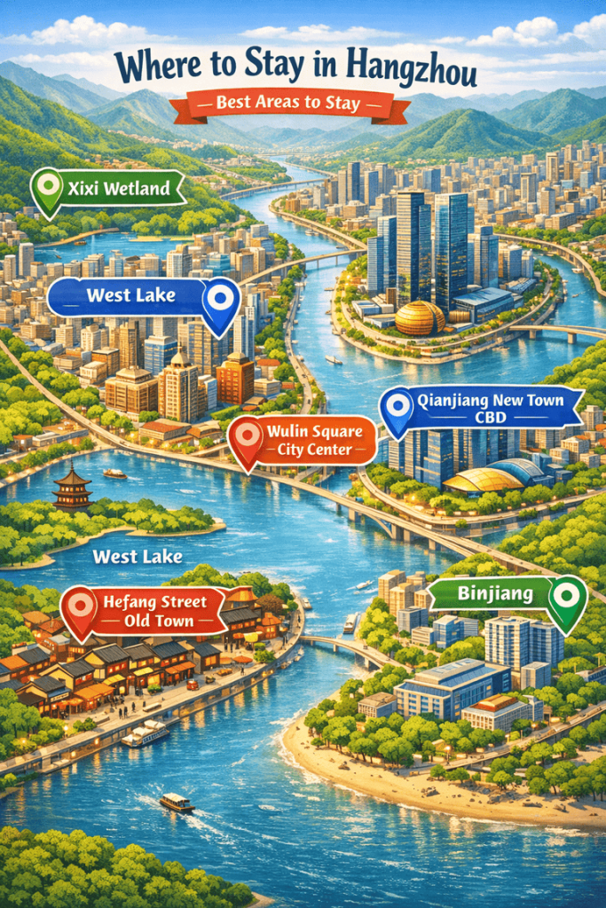 Where to Stay in Hangzhou: Best Areas & Hotels for Every Budget 6 Illustrated map showing the best areas to stay in Hangzhou, including West Lake, Wulin Square, Hefang Street, Xixi Wetland, Qianjiang New Town, and Binjiang
