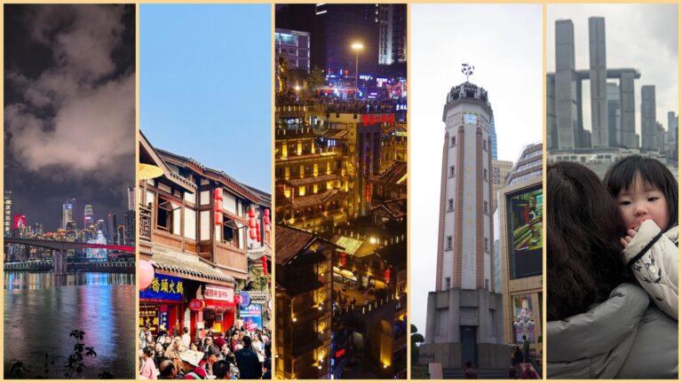Chongqing sightseeing highlights collage featuring the night skyline, Hongya Cave, Ciqikou Ancient Town, Jiefangbei Monument, and riverfront views