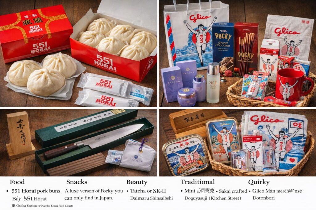 Flat-lay of popular Osaka souvenirs, including 551 Horai pork buns, premium Pocky snacks, Japanese beauty products from Tatcha and SK-II, a Sakai-crafted chef’s knife, and quirky Glico Man merchandise.