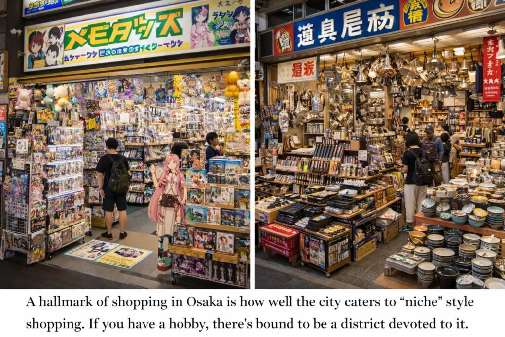 Side-by-side view of niche shopping in Osaka, with an otaku goods store packed with anime merchandise on one side and a traditional Japanese kitchenware shop filled with knives, cookware, and ceramics on the other.