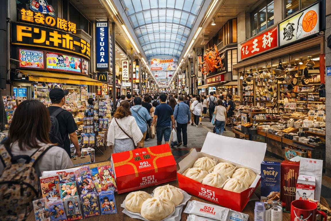 Crowded covered shopping street in Osaka with local shoppers, souvenir stalls, kitchenware shops, anime goods, and popular snacks like 551 Horai pork buns and Pocky.