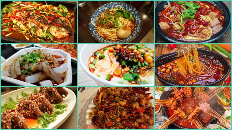Chongqing food guide collage featuring grilled fish, Xiao Mian noodles, Mao Xue Wang, Liang Fen, Douhua, Suan La Fen, spicy rabbit head, La Zi Ji, and Chuan Chuan Xiang
