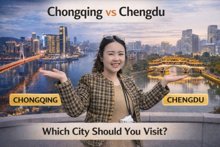 Smiling woman holding out her hands comparing Chongqing’s modern skyline on the left and Chengdu’s traditional riverside bridge on the right in a travel blog featured image.