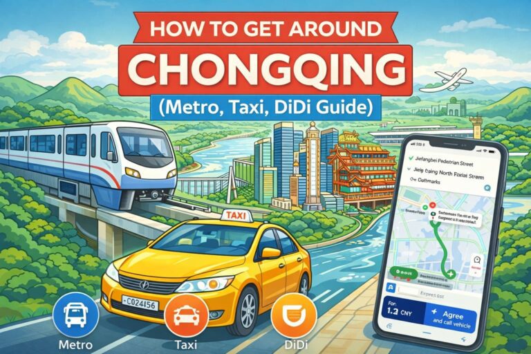 featured image for How to Get Around Chongqing guide showing metro train, yellow taxi, and Didi ride-hailing app with Chongqing skyline and rivers in the background.
