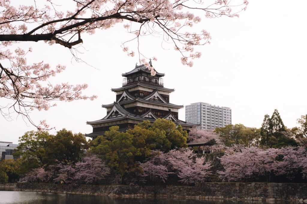 Cherry Blossom Japan With Kids: What Parents Should Know 10 Traditional Japanese castle surrounded by blooming cherry blossom trees during spring in Japan