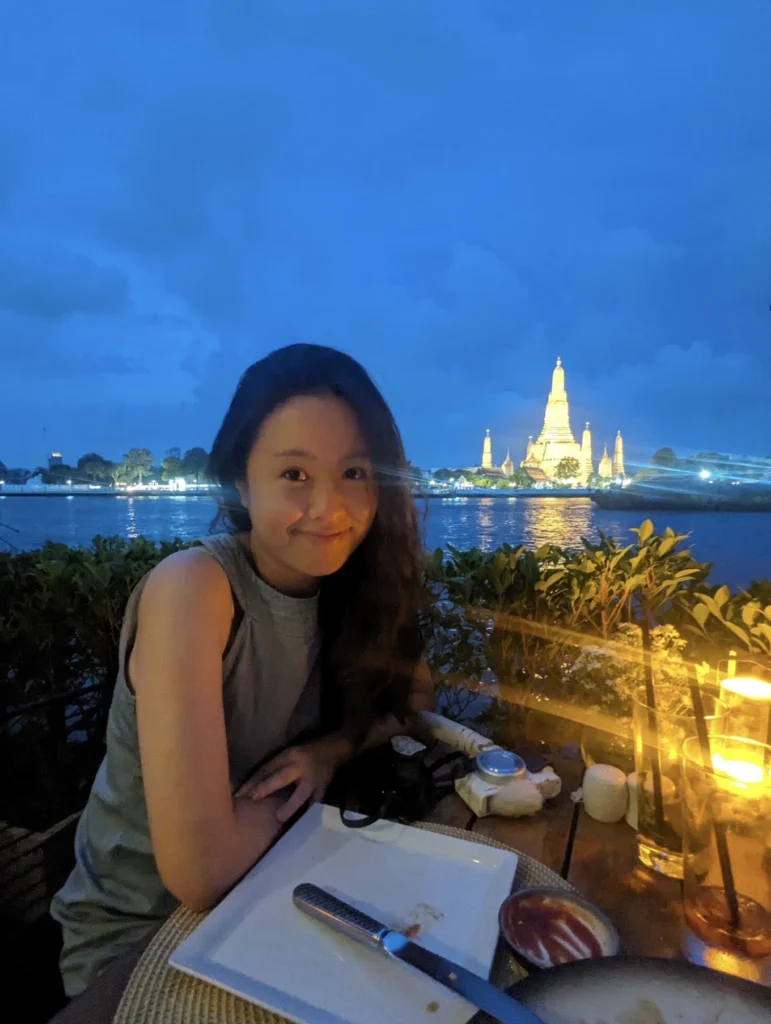 sala rattanakosin eatery and bar Review: Riverside Dining in Bangkok 8 Night dining at sala rattanakosin eatery and bar with illuminated Wat Arun in the background