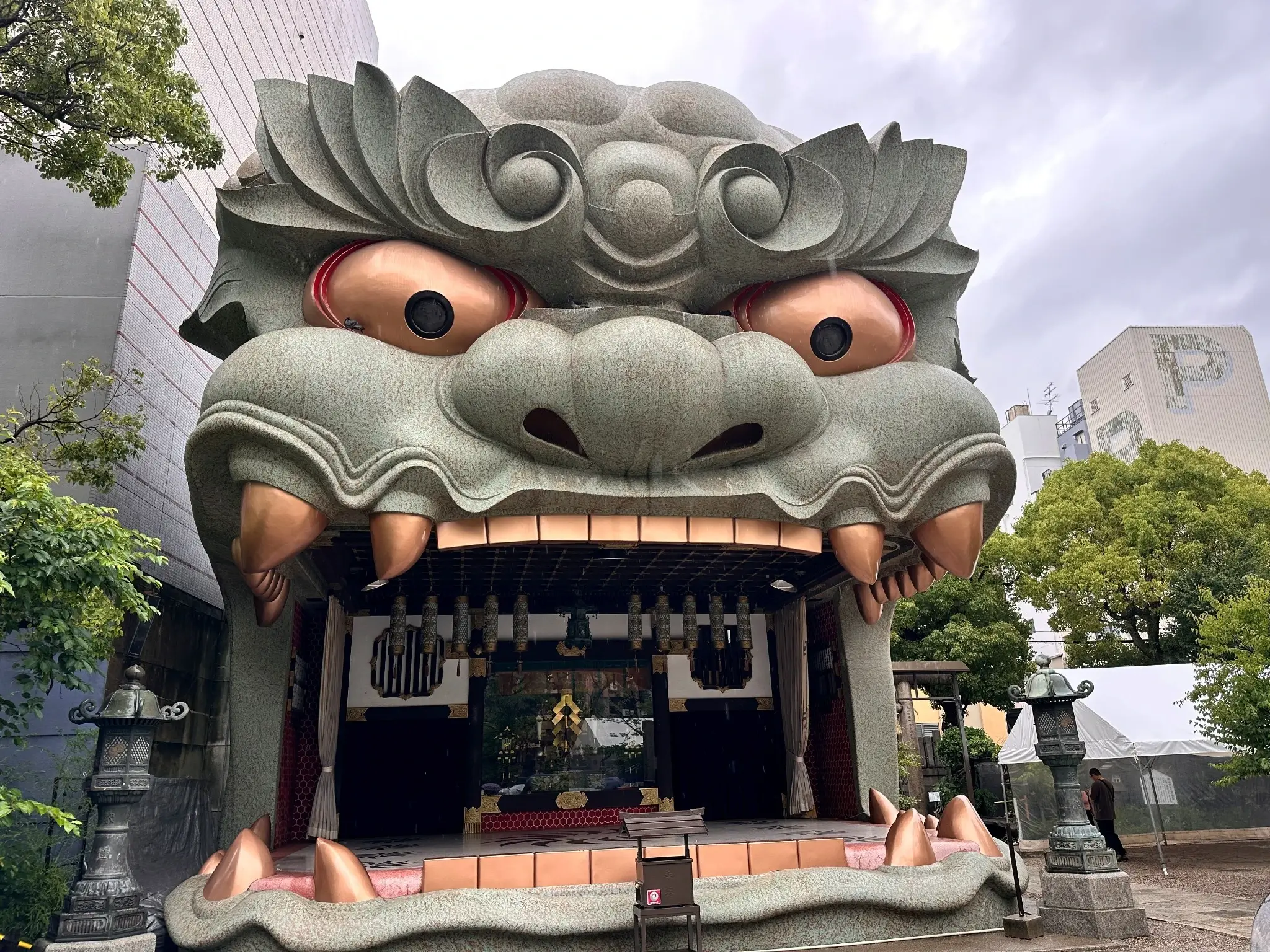 Namba Yasaka Shrine lion head stage front view Osaka Japan giant Shishi-den structure
