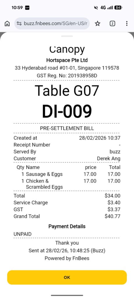 The Canopy HortPark Review: Family-Friendly Brunch 14 The Canopy HortPark pre-settlement bill showing brunch items and total amount in Singapore