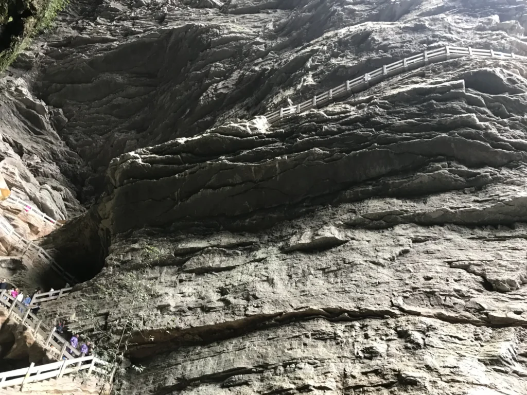 Massive karst cliffs and deep canyon landscape at Wulong Karst National Park in Chongqing China