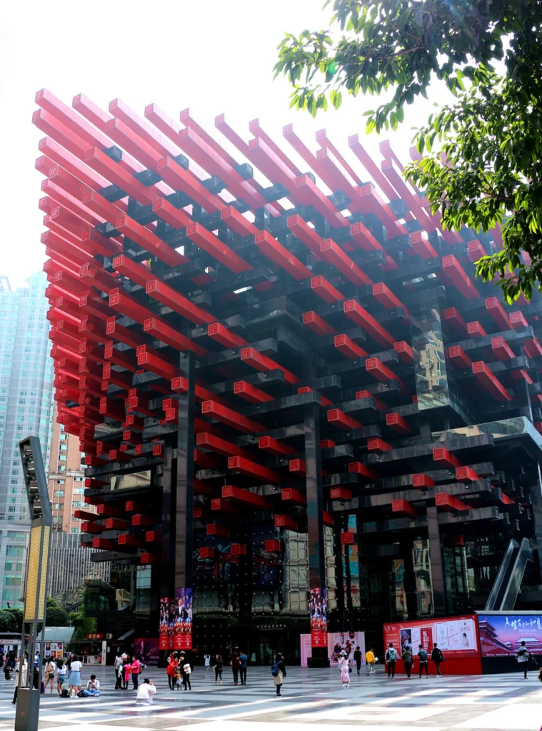 Chongqing Art Gallery exterior with iconic red beam architecture in downtown Chongqing China