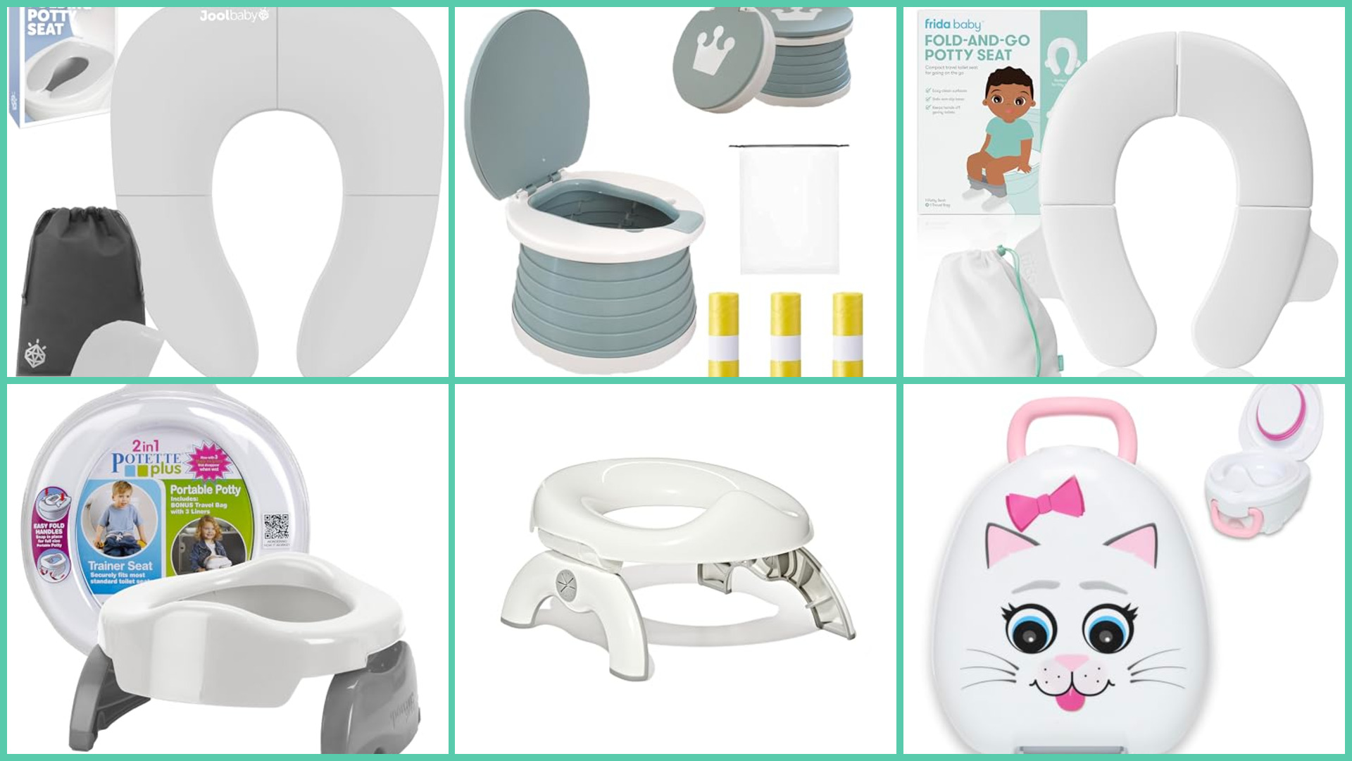 Portable travel potties and foldable toddler potty seats for travel, including compact toilet seat reducers and portable toddler toilets