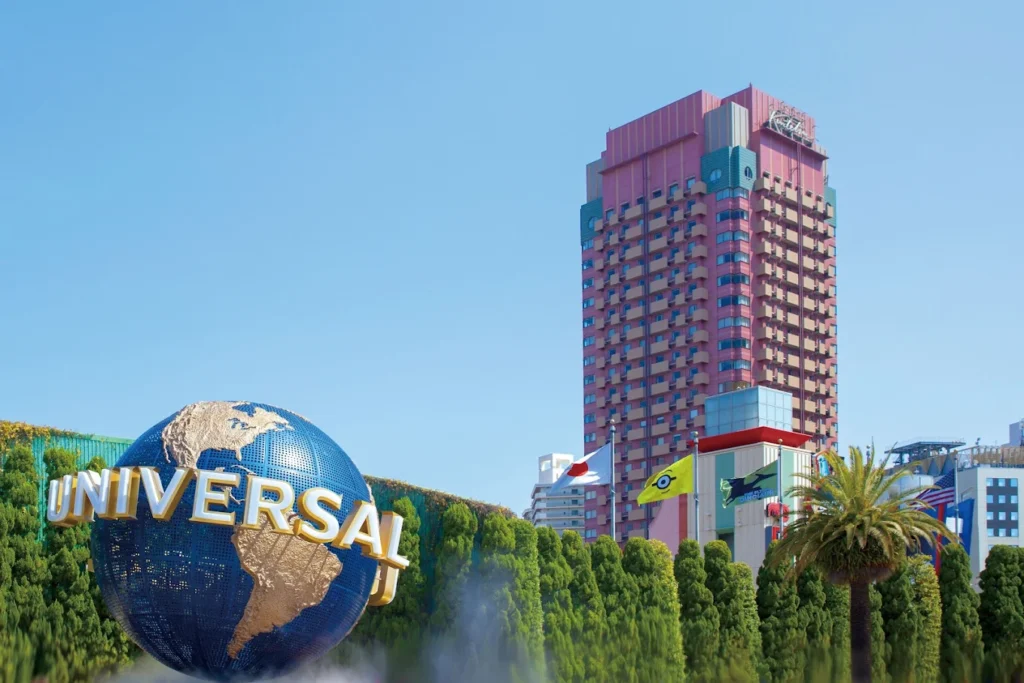 Hotel Kintetsu Universal City Osaka near Universal Studios Japan with colorful building and park entrance globe