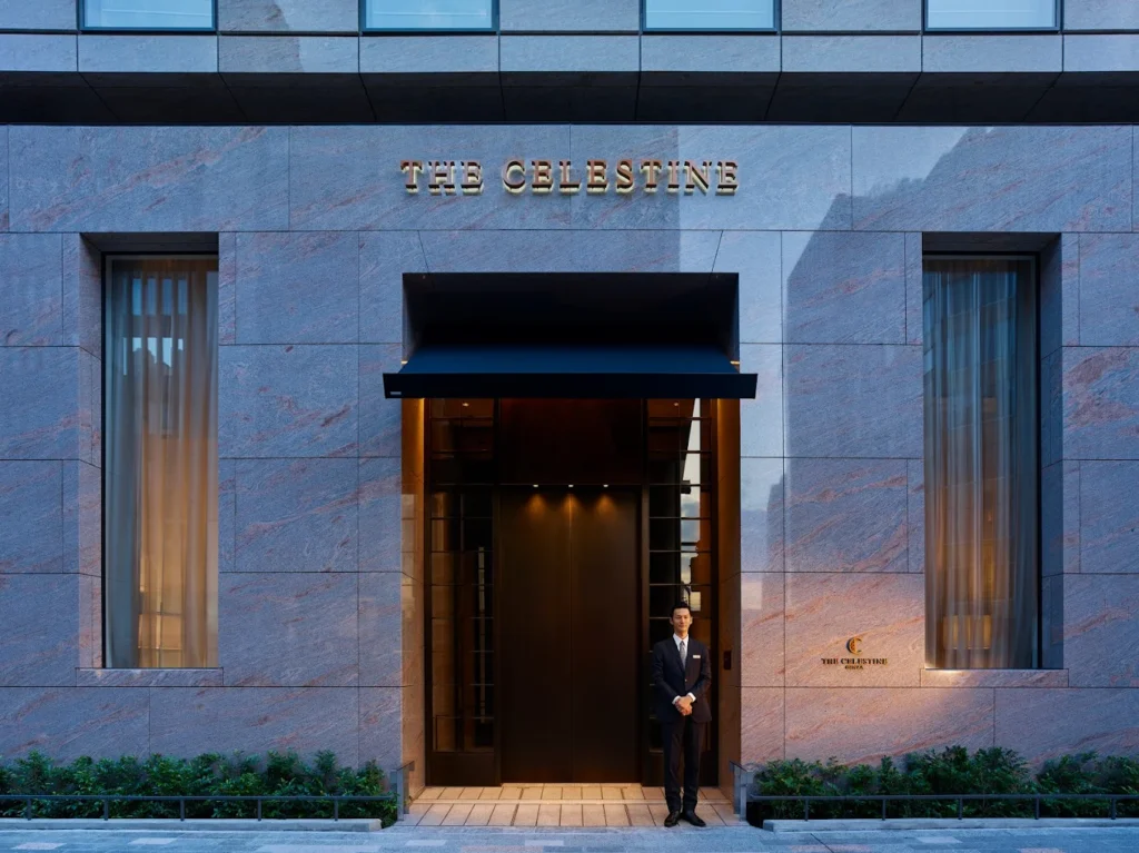 6 Best Boutique Hotels in Ginza Tokyo: Stylish & Unique Stays Guide 9 Hotel The Celestine Ginza entrance with elegant stone facade and doorman in Tokyo Ginza district