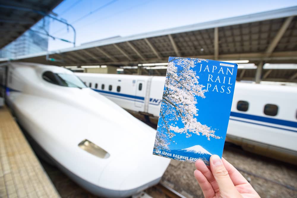 Japan Rail Pass held in front of Shinkansen bullet train at station platform in Japan