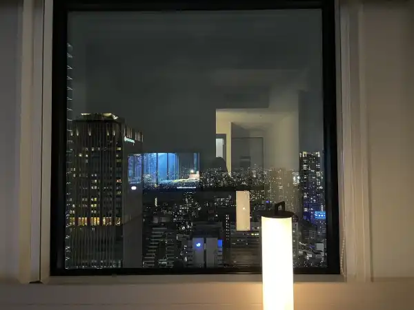Window view from Hotel Hankyu RESPIRE Osaka showing Osaka city lights and nearby buildings at night