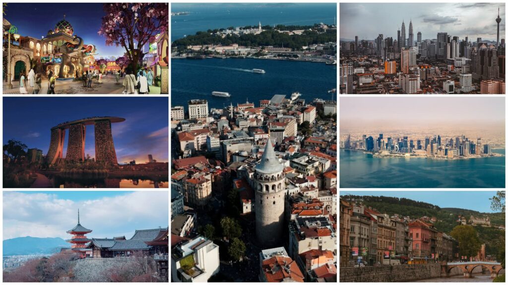safe cities for Muslim solo female travel collage featuring Kuala Lumpur, Istanbul, Singapore, Kyoto, Doha, and Sarajevo