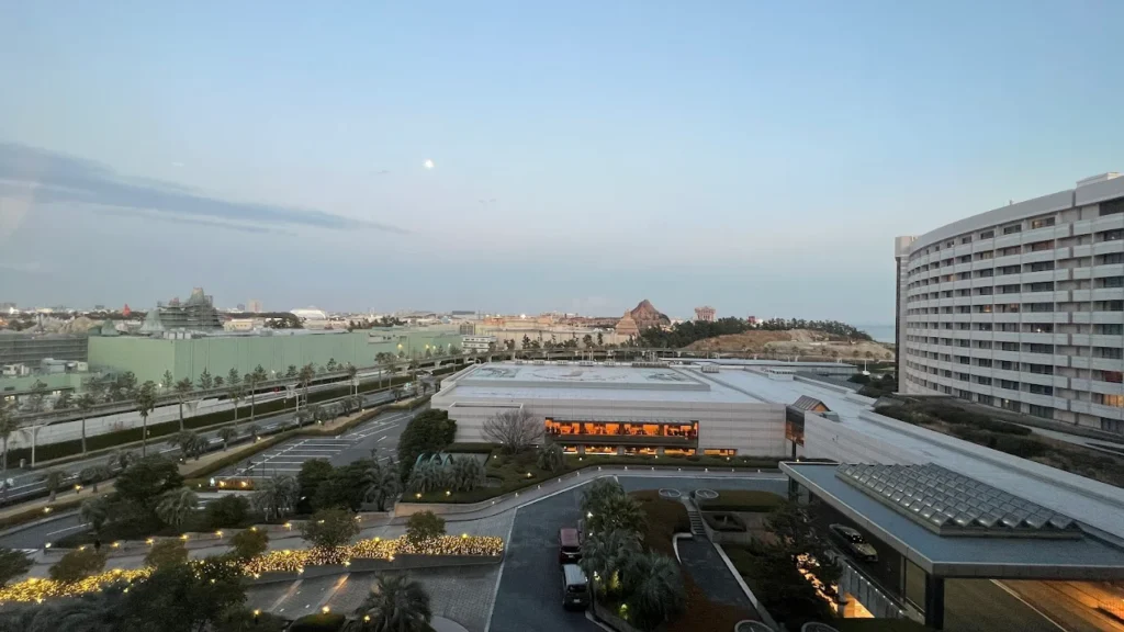 View from Sheraton Grande Tokyo Bay Hotel overlooking Tokyo Disney Resort area at dusk