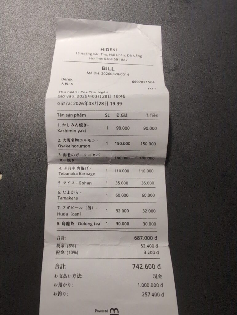 TEPPANIZAKAYA HIDEKI Da Nang Review: Authentic Osaka Teppanyaki Worth Trying 11 TEPPANIZAKAYA HIDEKI Da Nang receipt showing menu items and total bill cost