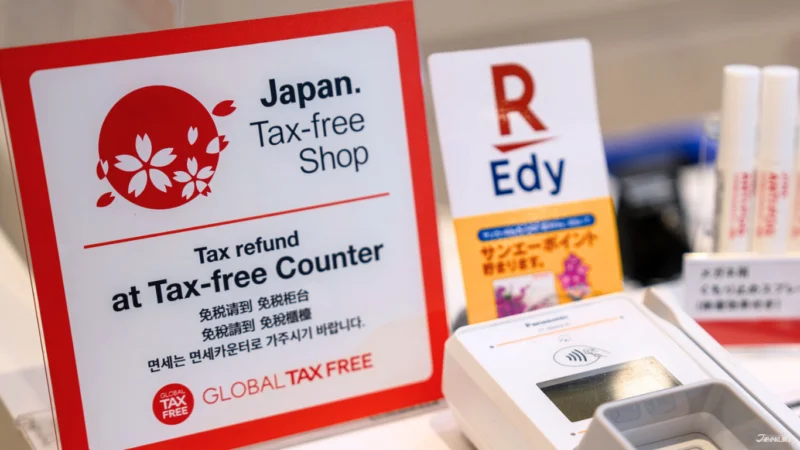 Japan tax-free shopping sign at retail counter showing tax refund services for tourists