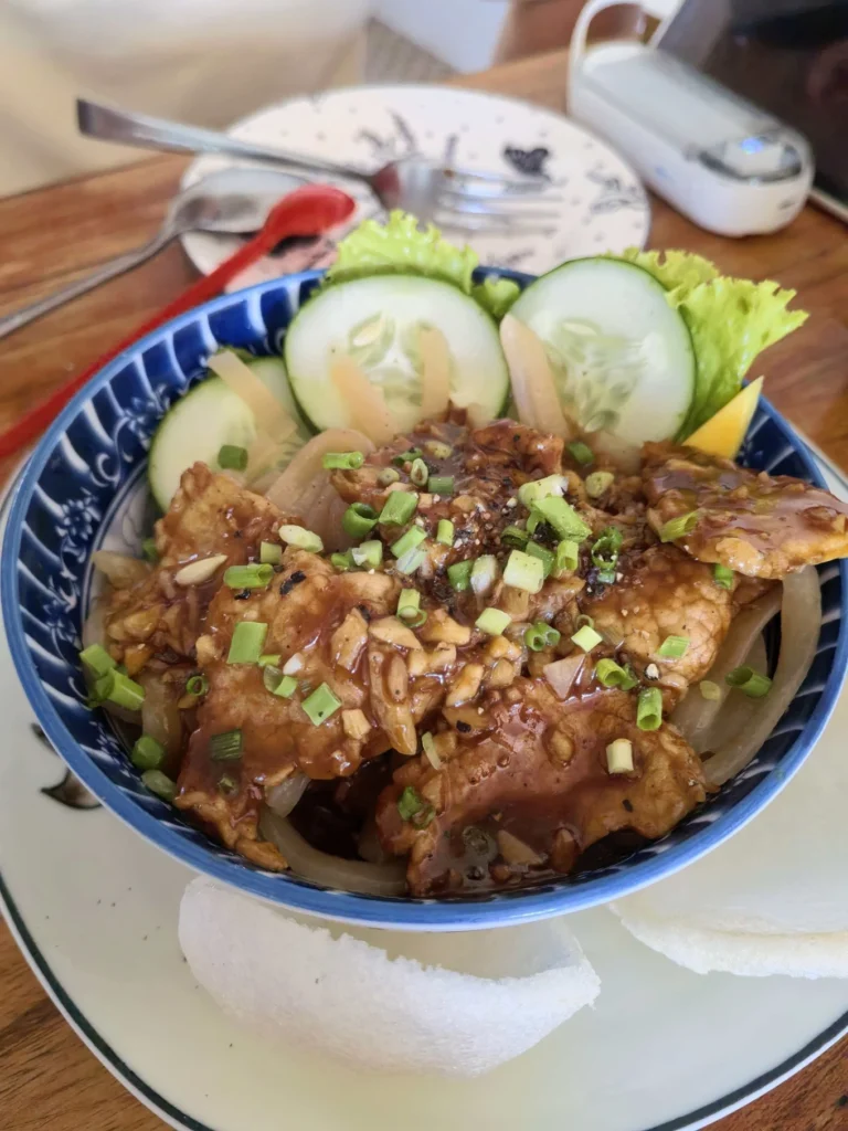 Mate Restaurant and Coffee Hoi An Review: Hidden Café Worth Visiting 8 Close up of cao lau pork noodles with sauce and vegetables in Hoi An
