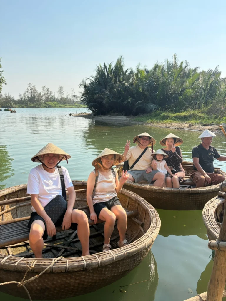 Traditional Vietnamese basket boats experience with family in Hoi An