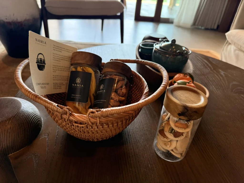 Complimentary snacks and welcome treats at Namia River Retreat villa