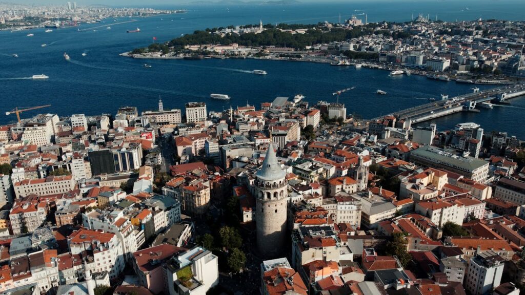 Istanbul skyline with Galata Tower and Bosphorus aerial view showcasing historic cityscape and waterways