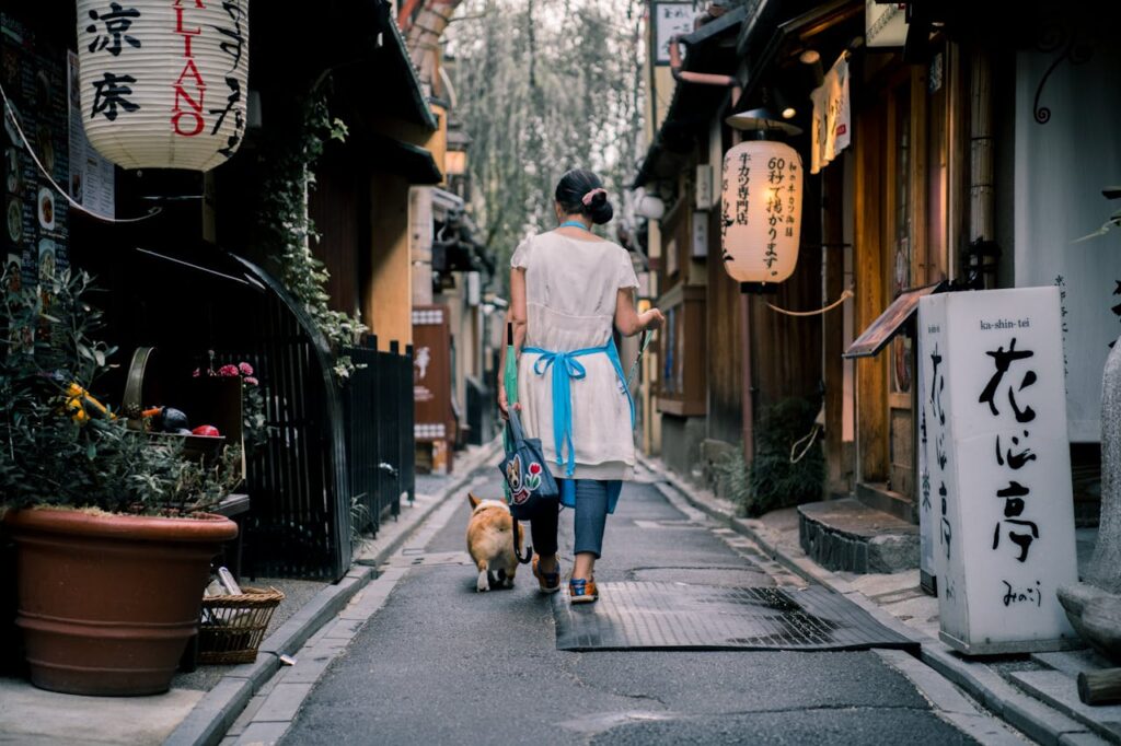 Person walking through a narrow Kyoto alley with traditional buildings and lanterns