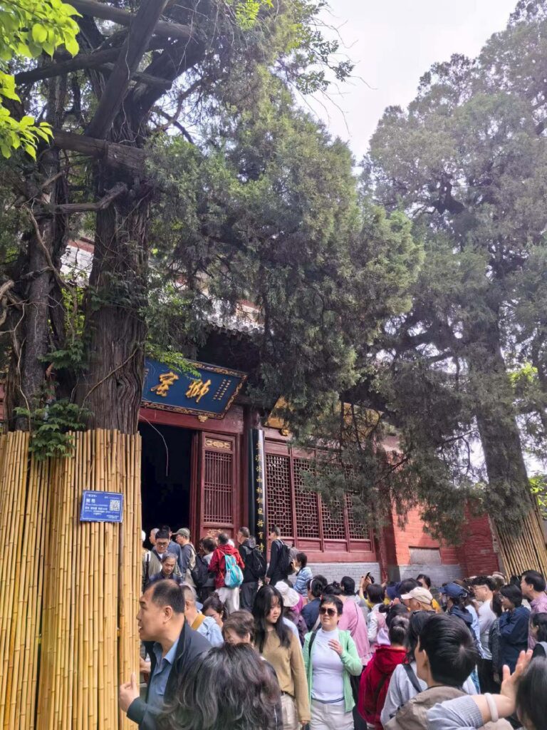 Crowds visiting ancient hall inside White Horse Temple surrounded by tall trees