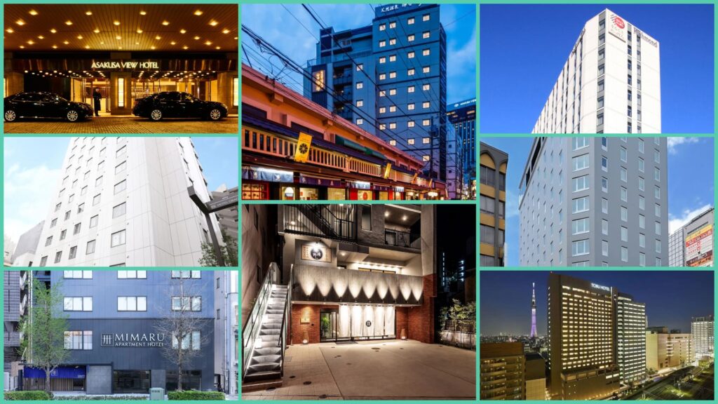 Collage of the best hotels near Asakusa Temple in Tokyo, featuring luxury, family-friendly, and ryokan-style accommodations around the Asakusa area.