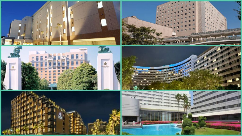 Collage of some of the best hotels near Tokyo DisneySea, featuring Hiyori Hotel Maihama, Oriental Hotel Tokyo Bay, Hotel Okura Tokyo Bay, Sheraton Grande Tokyo Bay Hotel, Hyatt Regency Tokyo Bay, and Tokyo Bay Maihama Hotel First Resort.