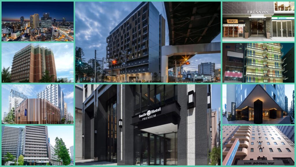 Collage of budget hotels near major train stations in Osaka including Namba, Umeda, Shin-Osaka, and Shinsaibashi areas