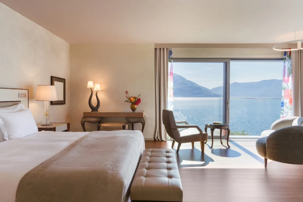 Hotel Eden Roc Ascona lakeview room with balcony overlooking Lake Maggiore in Switzerland