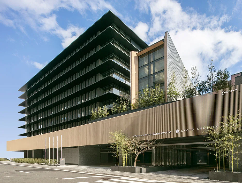 10 Best Hotels Near Fushimi Inari Shrine 13 The Thousand Kyoto luxury hotel exterior featuring contemporary Japanese architecture near Kyoto Station and convenient access to Fushimi Inari Shrine.