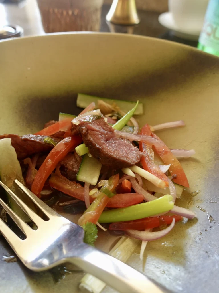 Amanjiwo Review: Is This Luxury Resort Near Borobudur Worth It? 17 Beef salad dish served at Amanjiwo luxury resort restaurant in Central Java Indonesia