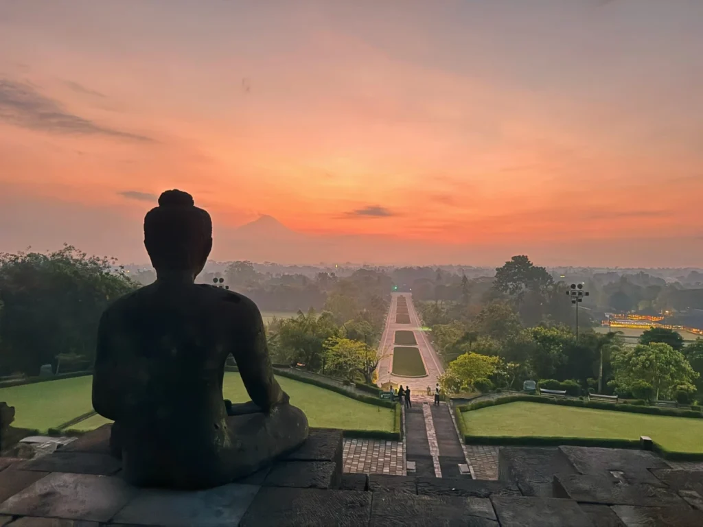 View from Borobudur Temple overlooking misty countryside at sunrise