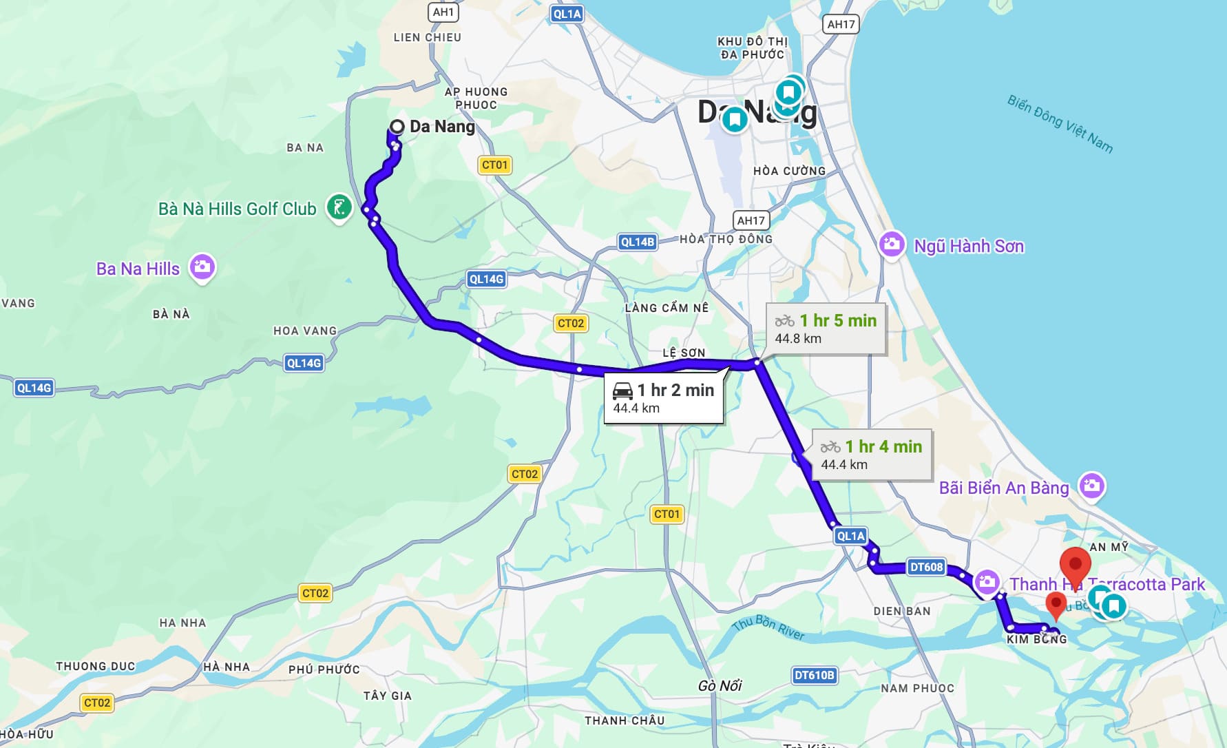 Map showing the travel route from Da Nang to Hoi An in central Vietnam, including estimated driving and motorbike travel times along the coastal route.