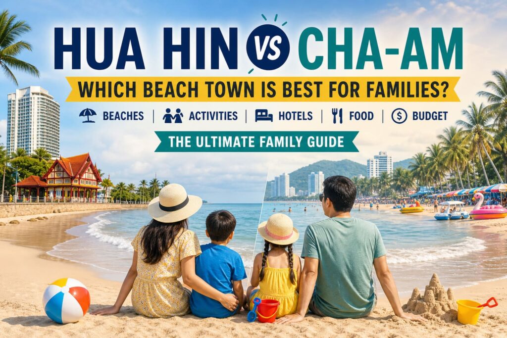 Hua Hin vs Cha Am comparison family beach Thailand infographic showing two coastal destinations for kids and travel planning