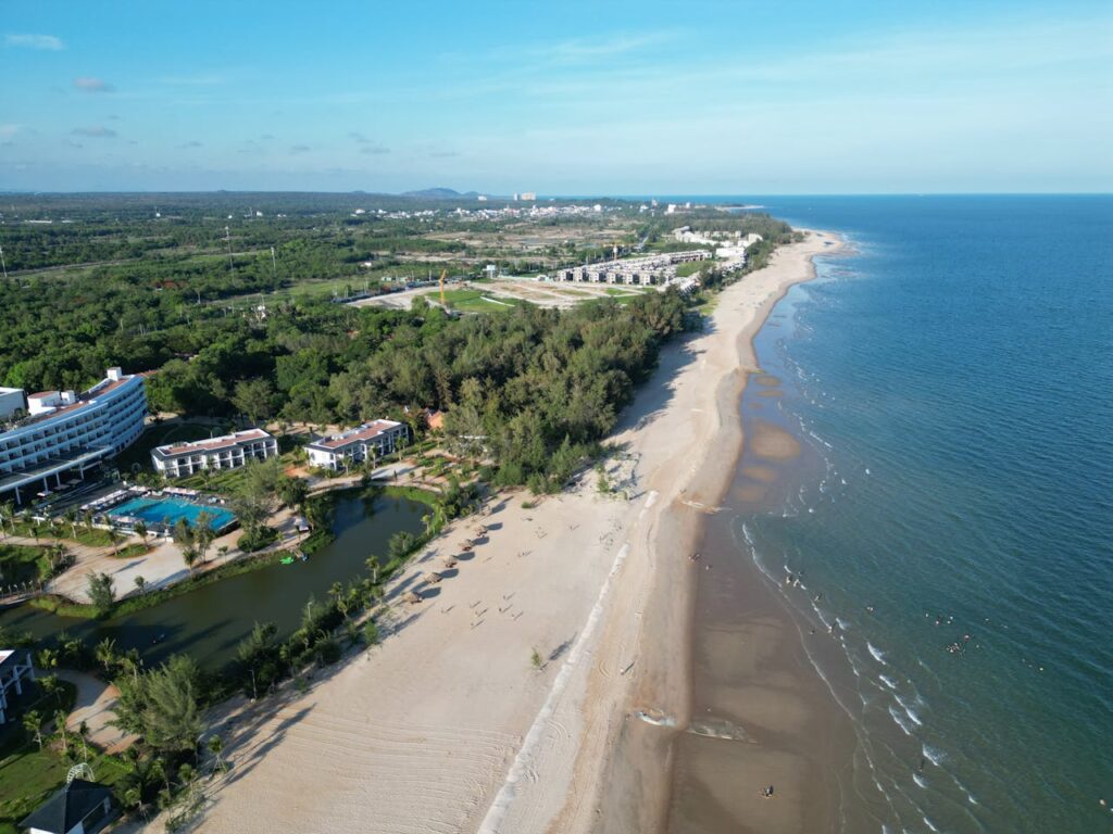 Aerial view of Desaru Coast beach with resorts and coastline in Johor Malaysia family-friendly beach destination near Singapore